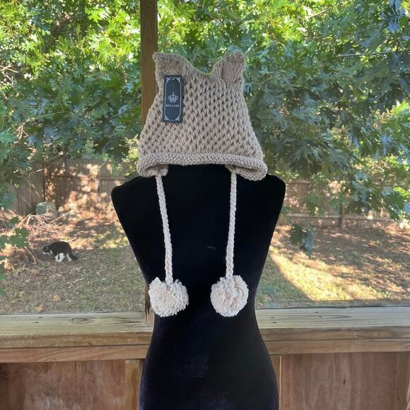 Bellady Women's Beige Cat Ears Knit Hat Crocheted Braided Pom Pom Accents. NEW - Picture 2 of 9